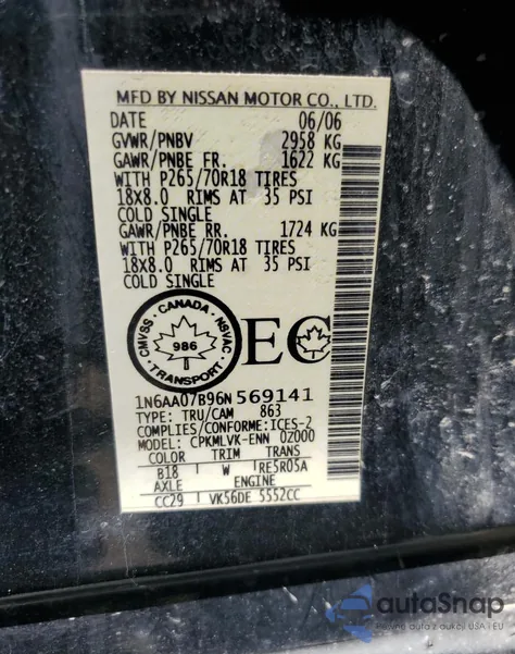 2006 Nissan Titan Xe from USA, damaged, VIN 1N6AA07B96N569141